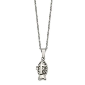 Stainless Steel Polished and Antiqued Magnetic Fish Necklace - Picture 1 of 5