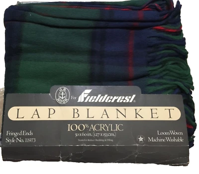 Vintage Fleece Lap Blanket Fieldcrest Green Blue fringes acrylic 50x60" New - Image 1 of 4
