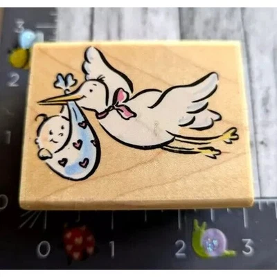 Estampida de goma cigüeña con bebé A2268E sello de goma madera #C76 Foto 1 de 4