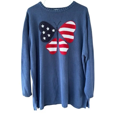 VTG The Quacker Factory Women's 1X Sweater Stars & Stripes USA Flag Butterfly - Image 1 of 4