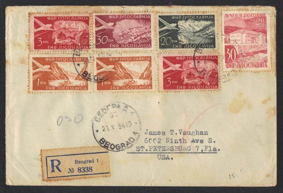 YUGOSLAVIA EE. UU. 1954 CORREO AÉREO REG BELGRADO A SAN PETERSBURGO FL EMISIÓN DE CORREO AÉREO FRANQUEADO Foto 1 de 2
