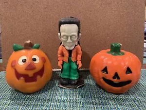 Vintage Gurley Frankenstein Candle & 2 Pumpkin Candles - Picture 1 of 12