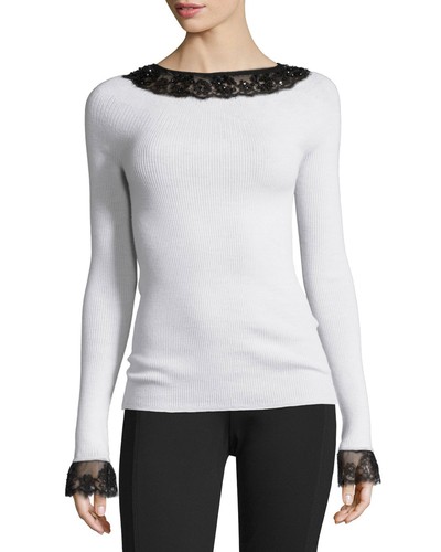 OFF WHITE $890 Nuovo Oscar de la Renta Maglione Pullover Top Lana Bordo in Pizzo Bianco Nero M