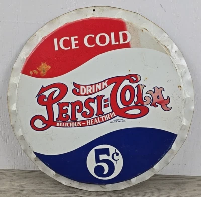 Vtg Ice Cold Drink Pepsi Cola Bottle Cap Metal Man Cave Bar 18" Diameter Sign - Image 1 of 4