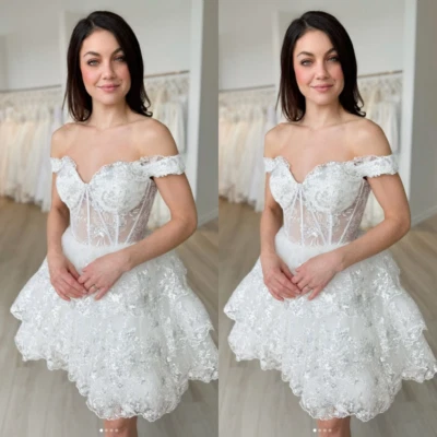 Vestidos de novia cortos con volantes dulces al hombro mini encaje elegantes vestidos de novia Foto 1 de 4