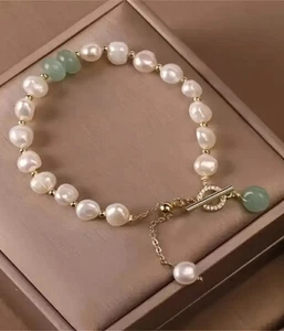 Pearl and Jade Beaded Adjustable Toggle Bracelet - Picture 1 of 8