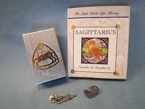 SAGITTARIUS PEWTER TIE TACK silver-tone astrological sign clip & BIRTH SIGN BOOK - Picture 1 of 11