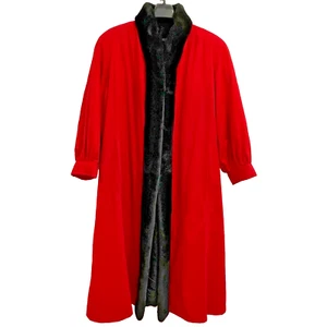 Perry Ellis Womens Faux Fur Long Coat Medium Red Black Fur Trim Winter Overcoat - Picture 1 of 19