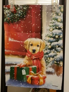 Christmas Tree Gift Golden Puppy Dog Garden Flag/Banner - Picture 1 of 1
