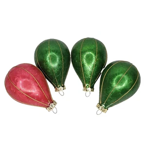 Vintage 90s Glass Ball Ornaments Green Red Frost Balloon Shape Gold Stripes - Picture 1 of 10