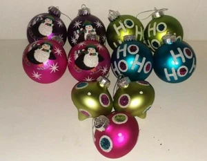 11pc Assorted Glass Ornaments - Multi Color & Sparkle - Ho Ho Ho / Penquin - NEW - Picture 1 of 8