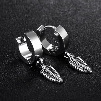 Pendientes de aro colgantes de plumas de plata de acero quirúrgico punk rock joyería regalo Foto 1 de 3