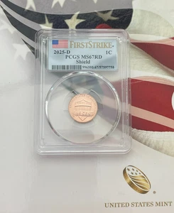 2025 D Lincoln SHIELD 1c Cent PCGS MS67RD FIRSTSTRIKE FLAG LABEL - Picture 1 of 2
