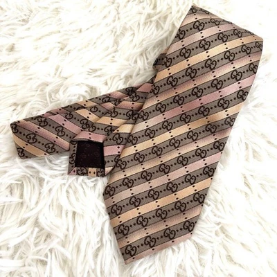 New Unused Gucci Neck Tie Brown Gold GG Check Stripe 100%Silk Made in Italy - Image 1 of 4