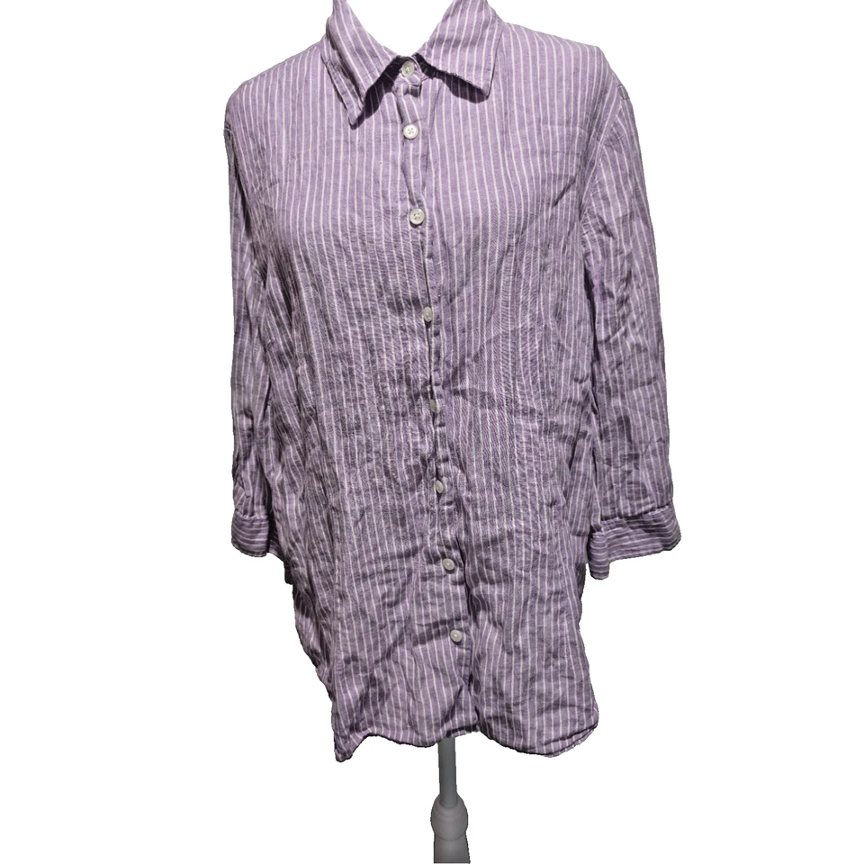 Blusa Coldwater Creek Para Mujer Talla XL Forma Púrpura Camisa a Rayas Lino Botones Foto 1 de 4