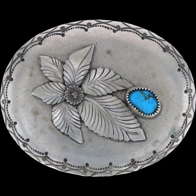 N Plateado Turquesa Floral Nativo Americano Boho Vaquero Hecho a Mano De Colección Hebilla de Cinturón Foto 1 de 3