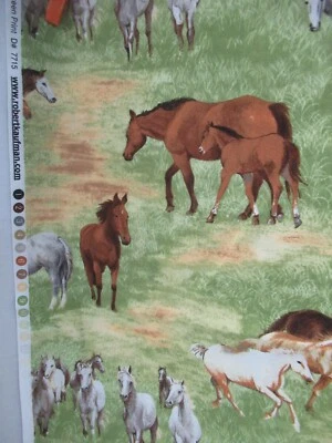 ROBERT KAUFMAN PONIES & HORSES  GREEN  Cotton Fabric  VTG RARE   18"X44"  NEW - Image 1 of 4
