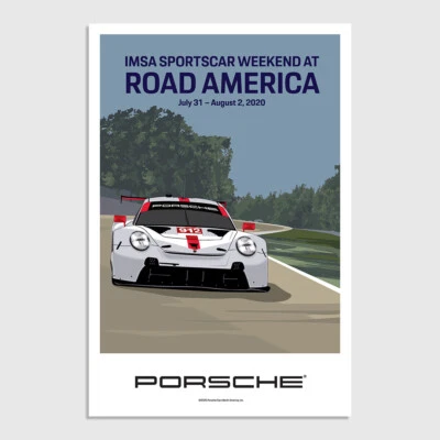 PÓSTER DE CARRERA PORSCHE IMSA SPORTCAR WEEK AT ROAD AMERICA 2020 12" X 18" Foto 1 de 3