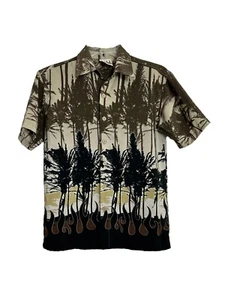 Vintage Gotcha Boys Hawaiian Shirt Size Small Brown Black Palm Trees Flames - Picture 1 of 6