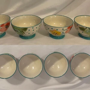 The Pioneer Woman 4 Vtg Bloom Dots Footed Bowls Floral Stoneware Soup Salad Mult - Picture 1 of 5