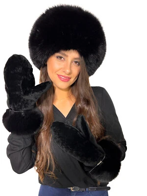 Conjunto de luvas e chapéus de pele de raposa e castor Saga Furs conjunto de peles pretas jato luva de inverno - Imagem 1 de 4