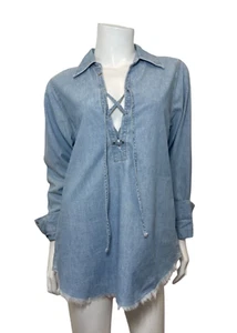 Nili Lotan Mallory Chambray Lace Up Top in Sky Wash Size M - Picture 1 of 8