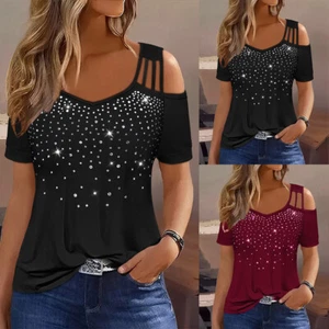 Womens Cold Shoulder T-Shirt Ladies Summer Short Sleeve Casual Loose Blouse Tops - Picture 1 of 9