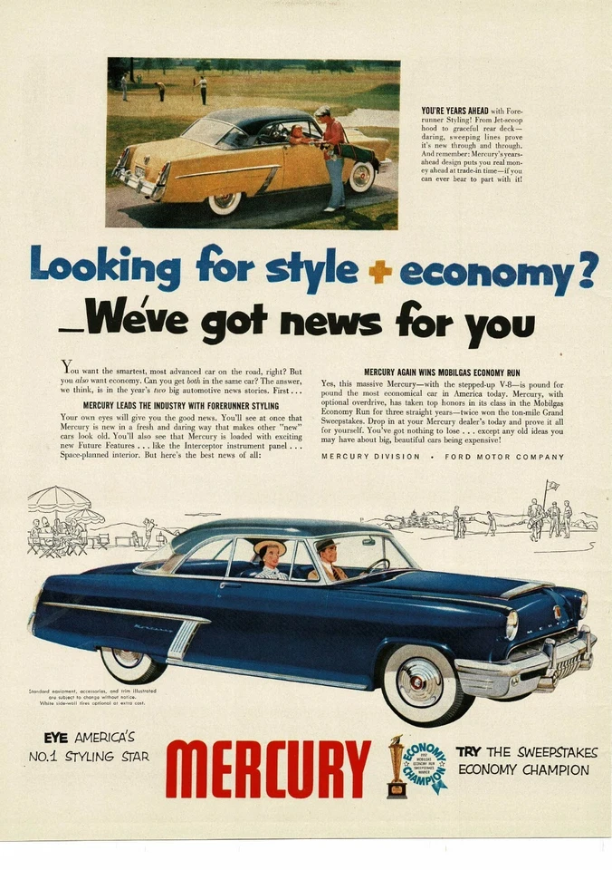 1952 MERCURY Azul MONTEREY 2 portas arte cupê anúncio vintage  - Imagem 1 de 1