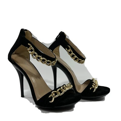 black suede open toe chain strap heels - Image 1 of 4