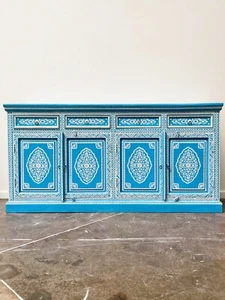 Blue Hand Painted Sideboard Cabinet Buffet Indian Moroccan Bone Inlay Pattern - Picture 1 of 9