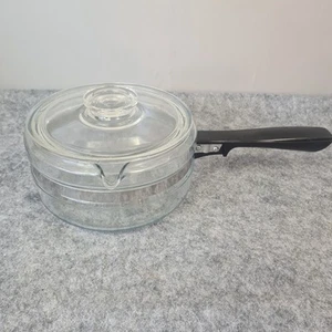 Pyrex 6213-B 1-1/2 Quart Clear Glass Flameware Pot Lock Lid Black Handle USA - Picture 1 of 10