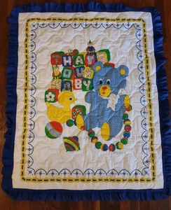 Vintage Teddy Beddy Bear Quilted Baby Comforter Crib Blanket Hearts Nursery Deco - Picture 1 of 7