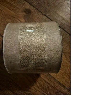 5" RIBBON Taupe GOLD GLITTER Wired Premium Member's Mark - 25 Yards, NEW SEALED - Image 1 of 4