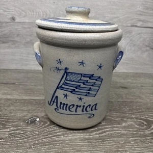 2003 Rowe Pottery Works Salt Glaze 7-3/4” Crock with American Flag - Picture 1 of 10