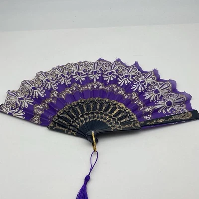 Decorative Purple Lace Hand Fan Gold Black Folding Fan with Tassel - Image 1 of 4