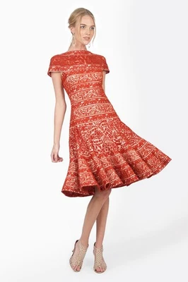 Tadashi Shoji Dress Womens 8 Terracotta Red A Line Boat Neck Lace Pleated Party - Image 1 of 4