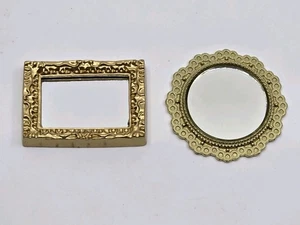 Lot of 2 Wall Dollhouse Mirrors Round + Rectangle 2" Gold Tone Frame - Picture 1 of 5
