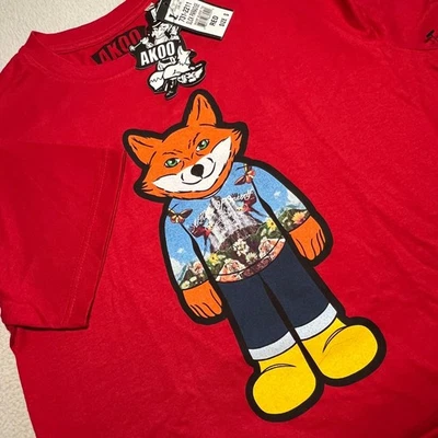 Camiseta gráfica AKOO personaje de zorro manga corta roja para hombre talla S Foto 1 de 4