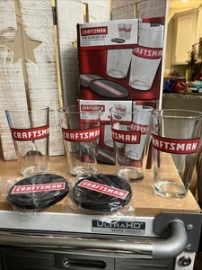 (116A) NEW   CRAFTSMAN Sets of 2 -  PINT 6" Glasses W/ 2 Tin Coasters GIFT SET - Picture 1 of 9