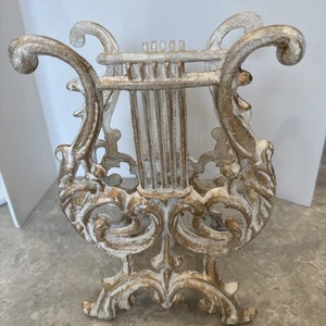 Vintage Harp Magazine or Rack Holder Gold/White Tone Cast Metal Lyre - Picture 1 of 3