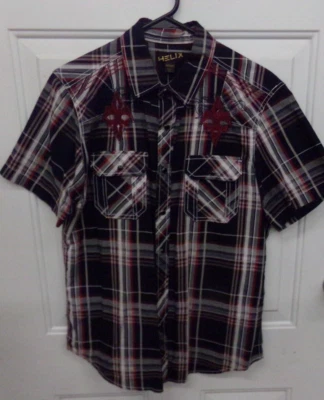 Helix Mens M Short Sleeve Snap Front Embroidered Ornate Design Black-Red-White - Image 1 of 4