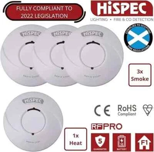 HiSPEC 3 x Smoke 1x Heat RF Wireless 10 Year Battery Fire Alarm Kit Interlinked - Picture 1 of 7