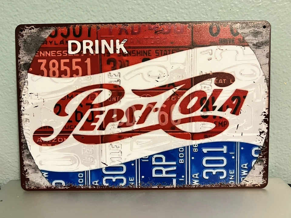 DRINK PEPSI LICENSE PLATE TIN METAL SIGN 8"X12" GARAGE MANCAVE ART DISTRESSED - Image 1 of 1