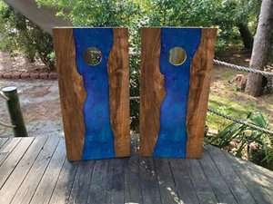 2 WATERPROOF & Laminated Cornhole Wraps - BLUE EPOXY RIVER! Vinyl Decals - Picture 1 of 2