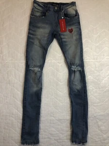 Evil Hearts Club Jeans Men’s Size 28 Denim Blue Distressed Raw Hem Skinny NWT - Picture 1 of 13