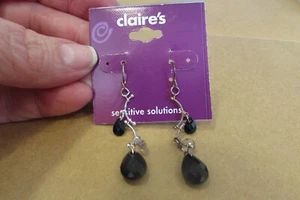 NEW/pkg SENSITIVE CLAIRE's black bead silvertone 2" long pierced dangle earrings - Picture 1 of 3