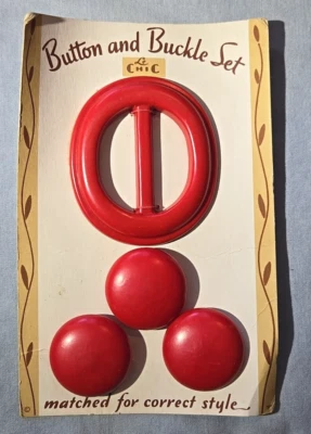 Red Plastic Button & Buckle Set On Card Unused NOS LeChic Vintage - Image 1 of 3