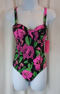 Traje de Baño Betsey Johnson Floral 1 Pieza Rosa Caliente Flores Talla S Acolchado Correas Ajustables Foto 1 de 4