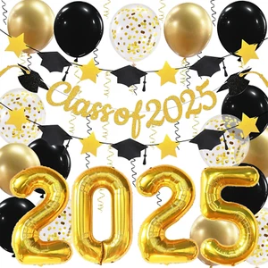 Graduation Decorations Class of 2025 Banner, 32In Gold 2025 Balloons, Star Cap G - Picture 1 of 12