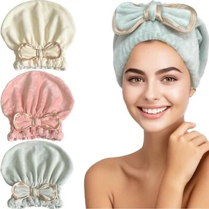 Microfiber Hair Towel Caps 3Packs Fast Drying Cute Bowtie Women Long Curly - Picture 1 of 5